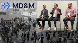 Trade show floor with MD&M West logo and inset photo of AM panel