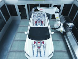 The intricate abstract designs of Dubai art collective Illusor was reproduced on the roof of a car using ABB’s robotic painting technology. The intricate abstract designs of Dubai art collective Illusor was reproduced on the roof of a car using ABB’s robotic painting technology.