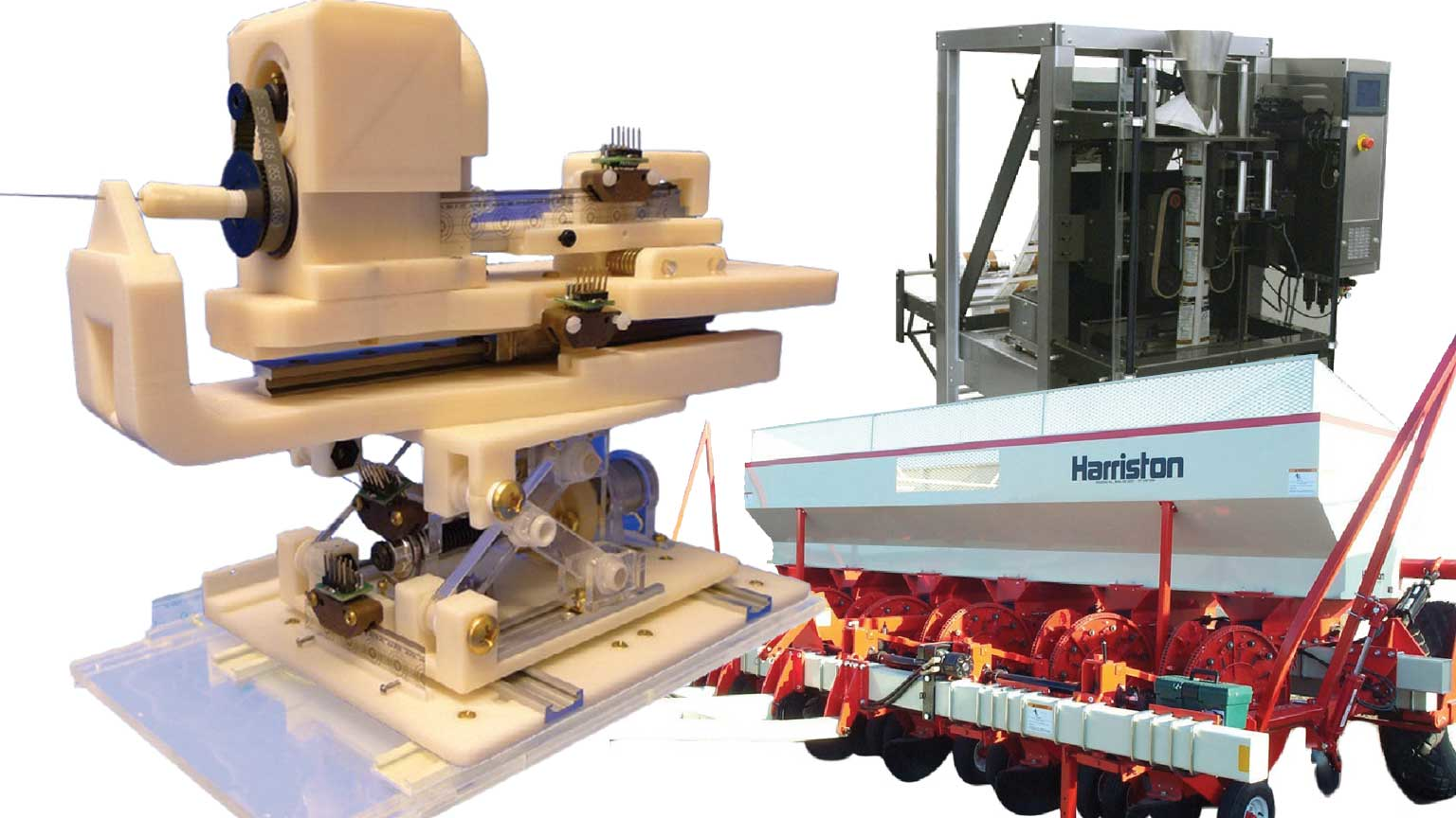 Collage of farm equipment, packaging macine and piezoelectric actuated robot