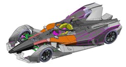 The CAD model of the GEN 2 Formula E car clearly shows the halo over the driver&rsquo;s cockpit and the lack of aerodynamic wings up front and in the back.