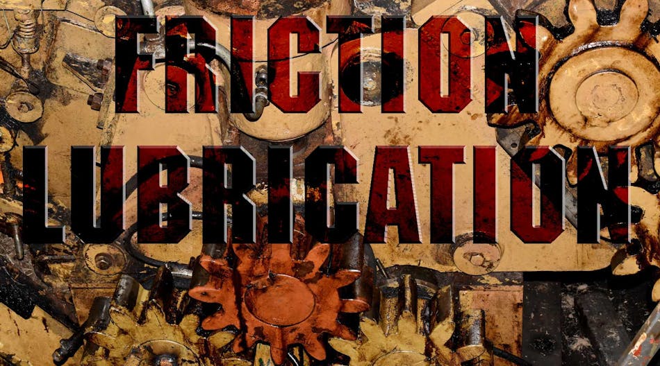 Industrial cogwheels with the words "Friction" and "Lubrication" are superimposed