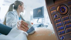 Collage of medical professional administering ultrasound and phone Collage of medical professional administering ultrasound and phone