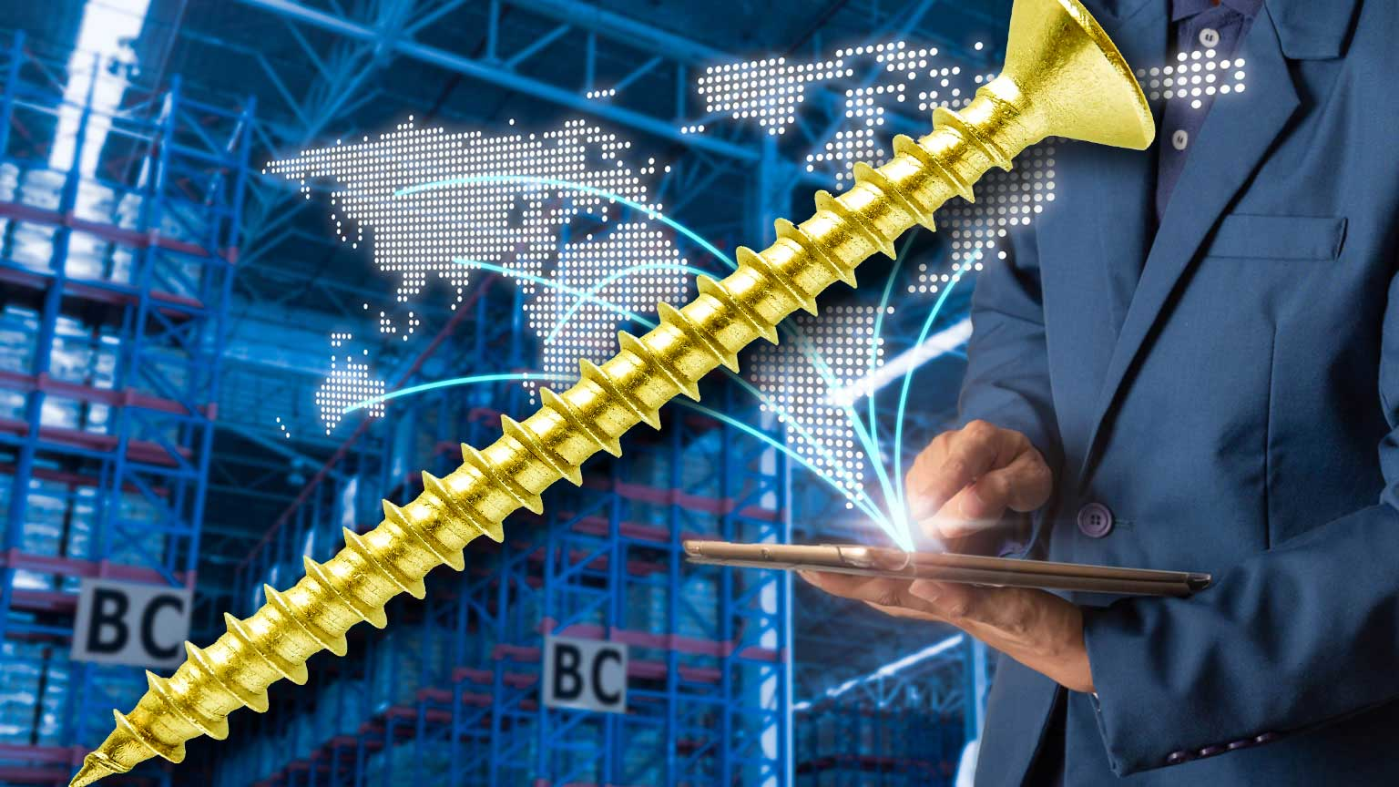 Golden screw superimposed over artist's rendition of supply chain logistics