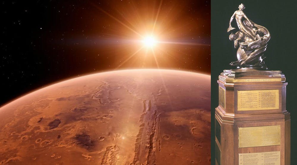 The Robert J. Collier Trophy inset over photo of Mars