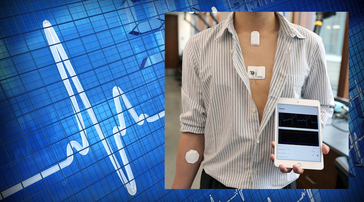 Inset photo of volunteer with multiple devices over a heartbeat