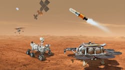 This illustration shows a concept for multiple robots that would team up to ferry to Earth samples collected from the Mars surface by NASA’s Mars Perseverance rover. This illustration shows a concept for multiple robots that would team up to ferry to Earth samples collected from the Mars surface by NASA’s Mars Perseverance rover.