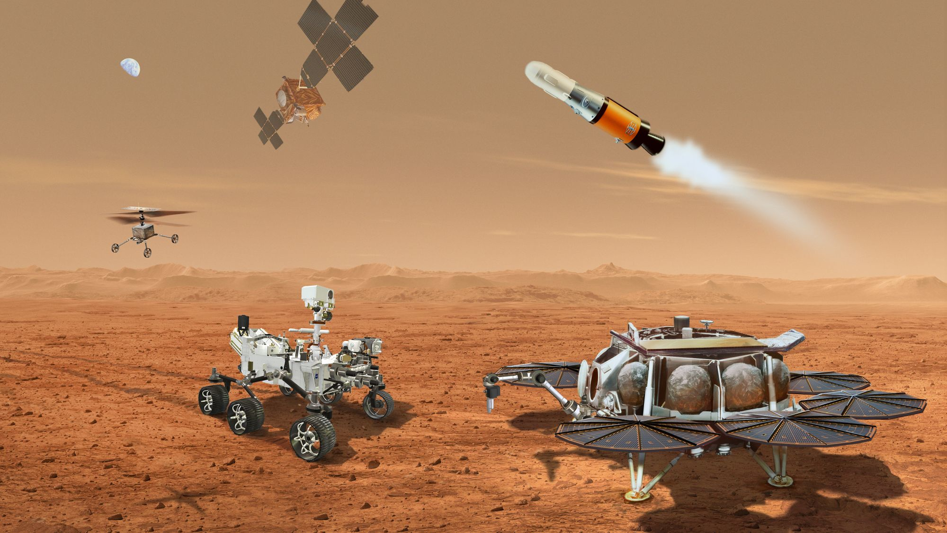 Illustration of multiple robots on Mars