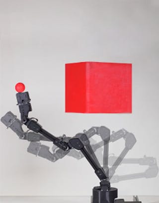 A robot arm learns to reach a target sphere while avoiding the cuboid obstacle using the learned visual self-model.