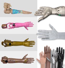 The TrueLimb prosthetic can be 3D printed on 450 various skin shades. But if a patient wants to personalize their arm, they can choose from some not-so traditional colors ranging from pink to gold to black, as seen here. The TrueLimb prosthetic can be 3D printed on 450 various skin shades. But if a patient wants to personalize their arm, they can choose from some not-so traditional colors ranging from pink to gold to black, as seen here.