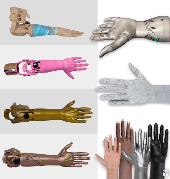 The TrueLimb prosthetic can be 3D printed on 450 various skin shades. But if a patient wants to personalize their arm, they can choose from some not-so traditional colors ranging from pink to gold to black, as seen here.