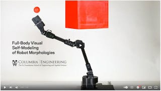 The learning progress of a robot arm trying to acquire a full-body 3D visual self-model.