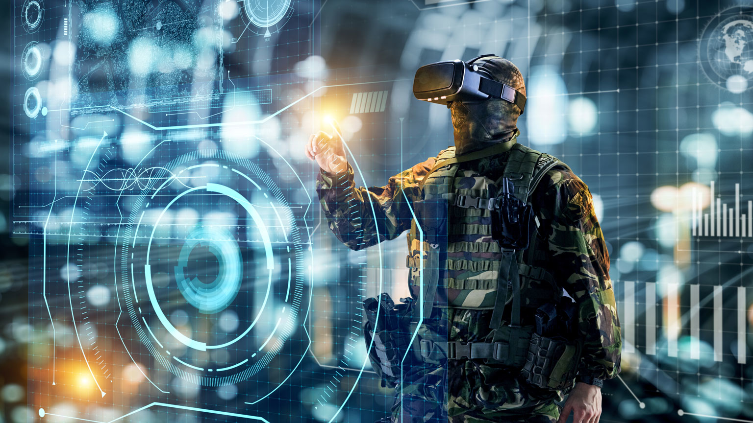 Soldier wearing virtual reality glasses