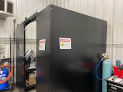 The work cell enclosure comes with the UR10e cobot, IPG LightWeld laser welder URCaps software and utilities.