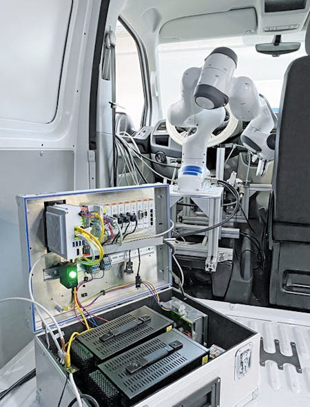 The test bench&rsquo;s central control consists of a C6030 compact IPC, seven EL6751 EtherCAT Terminals and an EL6614&mdash;all from Beckhoff&mdash;that communicate with all bench components.