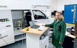 A technician runs the test bench at the University of HS Kempten that can run 24/7 to evaluate gas-powered vehicles which have been converted to run on electricity such as this VW van. A technician runs the test bench at the University of HS Kempten that can run 24/7 to evaluate gas-powered vehicles which have been converted to run on electricity such as this VW van.