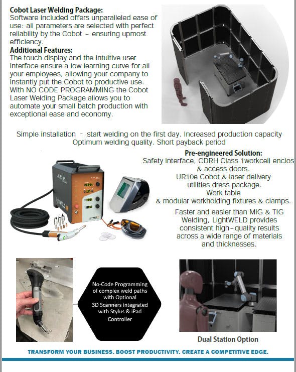 Cobot Systems&rsquo; pre-engineered cobot laser welding package includes software and hardware.