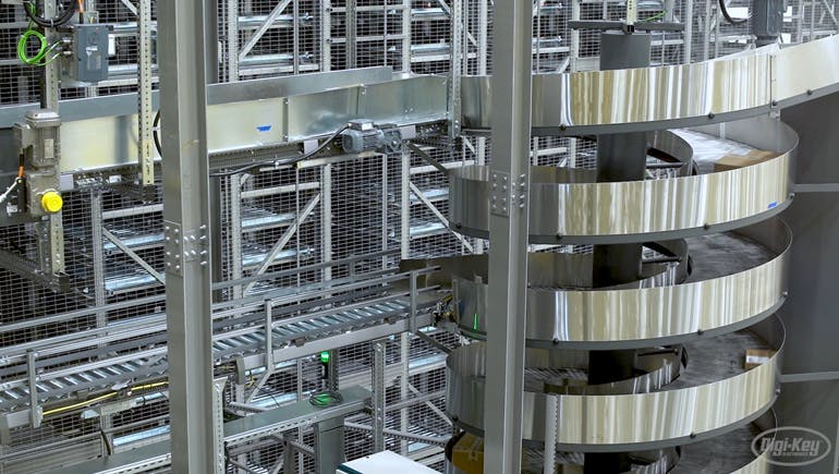 Digi-Key&rsquo;s integrated Order Storage Retrieval, or OSR system, automatically retrieves product using 1,000 automated shuttles. The system can store up to 2.7 million unique parts.