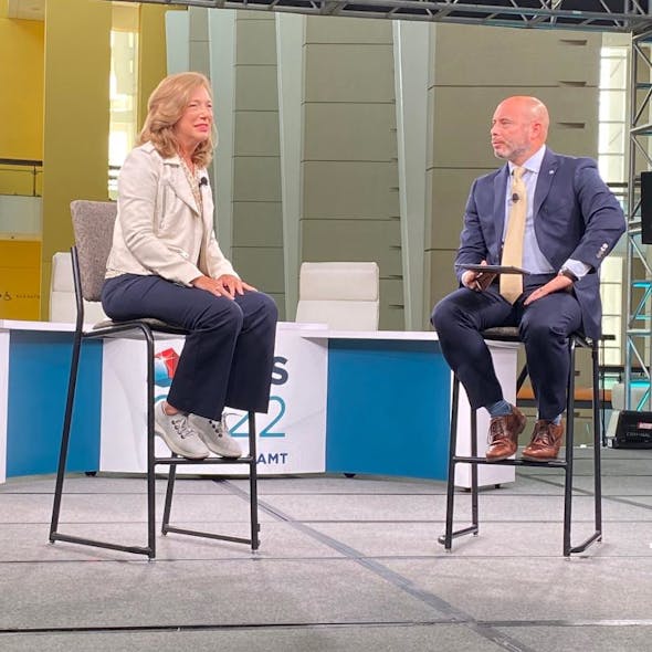 Kicking off Day 2 at IMTS: Barbara Humpton, CEO and president, Siemens USA (left) in conversation with Tim Shinbara, CTO, AMT - The Association For Manufacturing Technology.