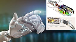 Sectional view of CAD model inset over image of robotic hand