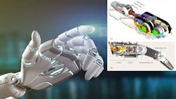 Sectional view of CAD model inset over image of robotic hand Sectional view of CAD model inset over image of robotic hand