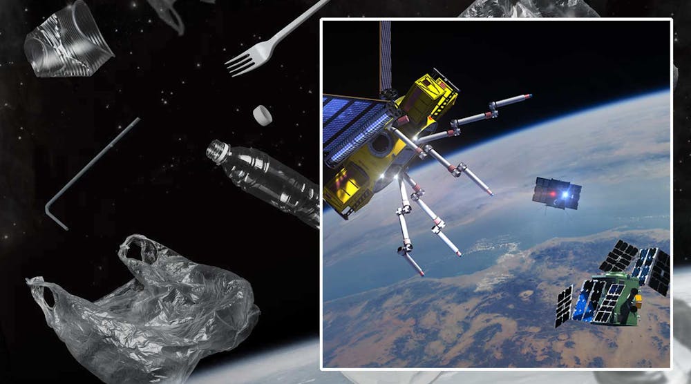 Space junk, with inset photo of the Fred orbot