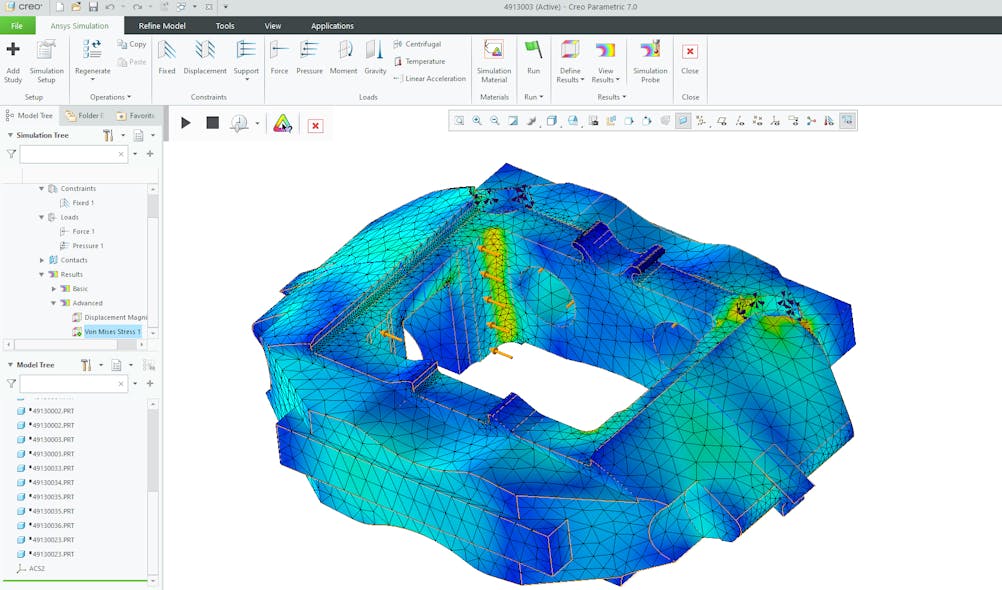 Using Creo Ansys Simulation to see stress results of a brake caliper simulation.