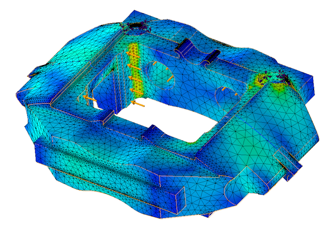 Using Von Mises Stress simulation to determine brake caliper stress.