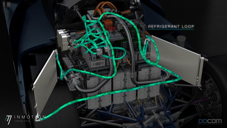The refrigerant loop in the two-loop cooling system is shown in green. The Danfoss Aeroquip hoses were routed so that technicians and equipment were protected.