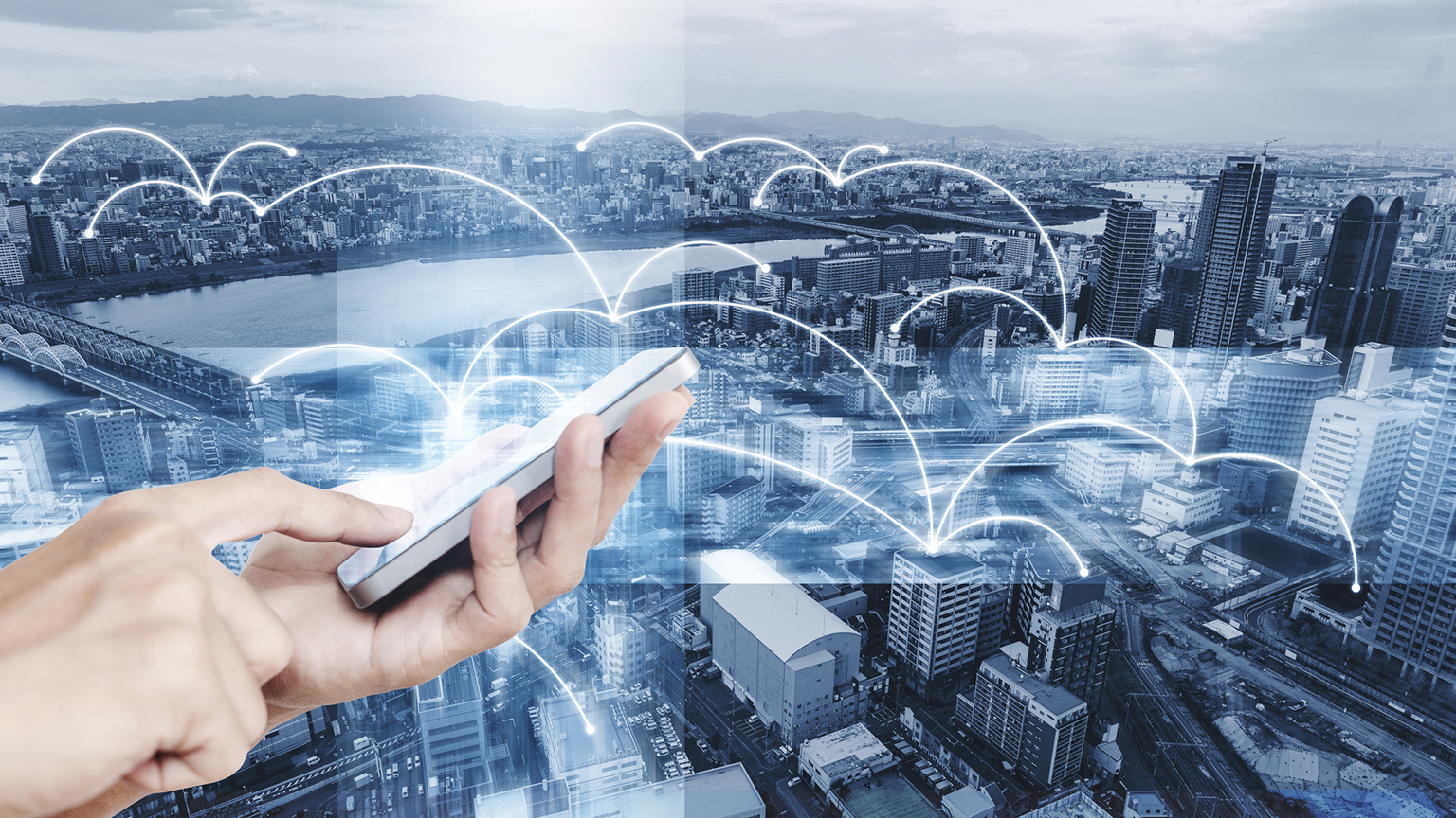 Hand using mobile smart phone with networking technology graphic