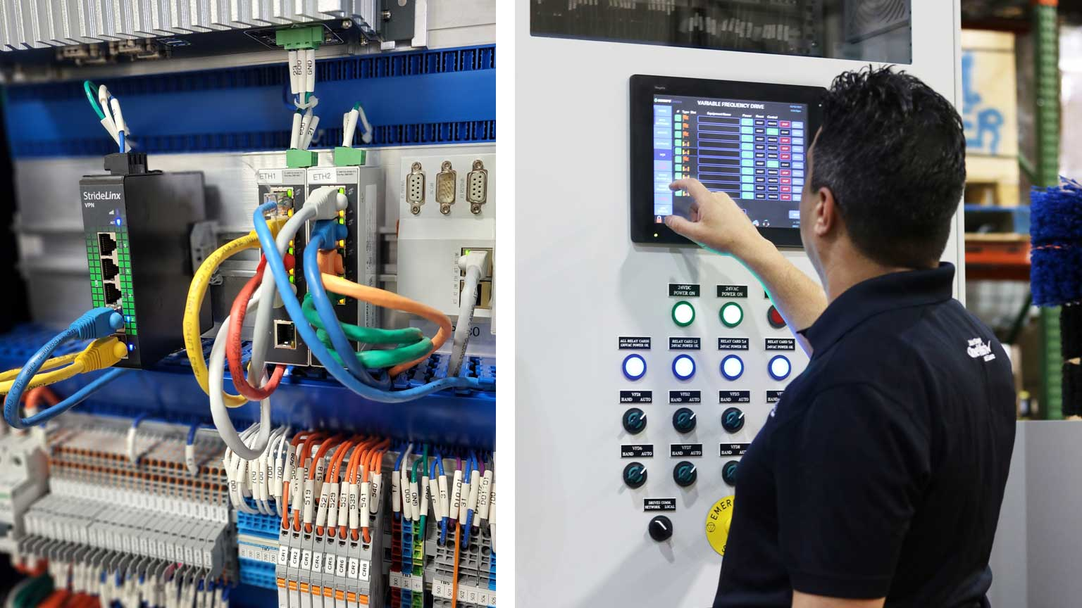 Montage of AutomationDirect StrideLinx VPN router and Sonny&rsquo;s Smart Motor Control Center