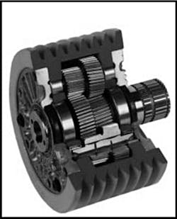 Here’s an in-line differential that uses compound planetary gearing. The compounded planets rotate at the same speed, meshing with two different sun gears. In this setup, the planet carrier is the entire outer casing. There is no ring gear, and the two sun gears connect to separate concentric shafts. Here’s an in-line differential that uses compound planetary gearing. The compounded planets rotate at the same speed, meshing with two different sun gears. In this setup, the planet carrier is the entire outer casing. There is no ring gear, and the two sun gears connect to separate concentric shafts.