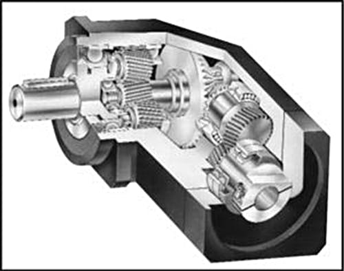 This reducer combines three different kinds of gearing, including simple planetary helical gears to transmit power and torque at a right angle. The helical gears are also well-suited to step down a high-speed input. The spiral bevels make the right-angle turn smoothly and efficiently while reducing rotation speed even more. Compact planetary gears perform a considerable final speed reduction and send the high torque on its way.