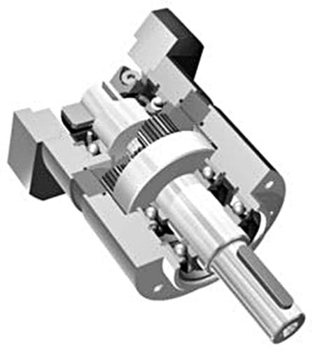 A simple planetary gear unit seen from its delivering end shows the dual roller bearings at the output side that help isolate the gearing (spur gears) from the effects of external transverse loads. The heavy disc is the planet carrier.