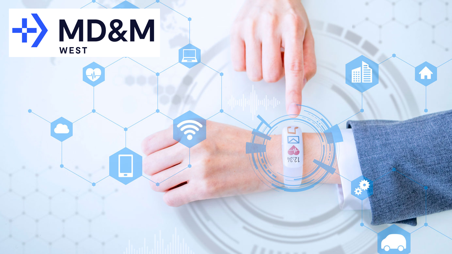 MD&M West Logo and person's hand with a wearable device