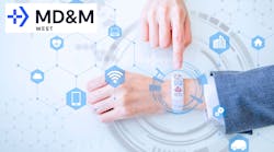 MD&M West Logo and person's hand with a wearable device