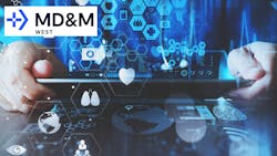 MD&M West Logo and closeup of a doctor holding a laptop MD&M West Logo and closeup of a doctor holding a laptop