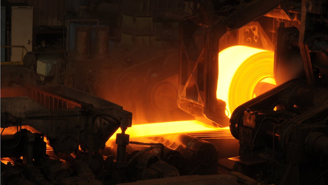 Hot rolled steel comes out of the furnace.