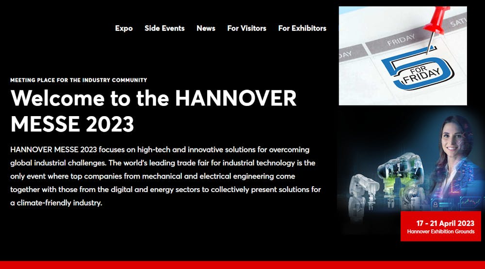 Hannover Messe home page capture with 5 for Friday logo