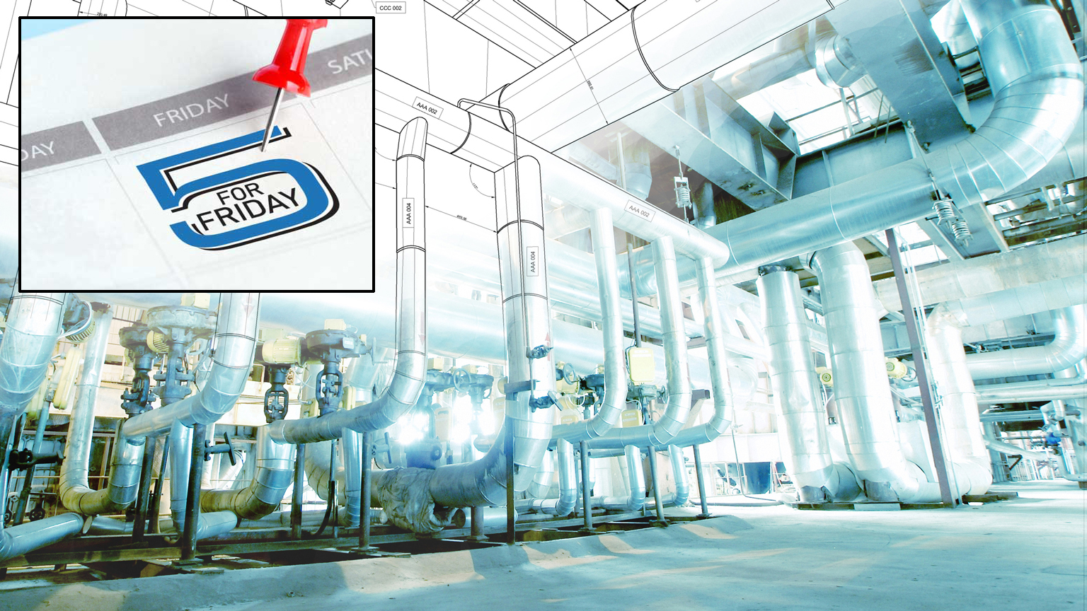 Wireframe computer cad design of pipelines and 5 for Friday logo