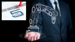 Line graphics depicting a robotic arm, with 5 for Friday logo Line graphics depicting a robotic arm, with 5 for Friday logo