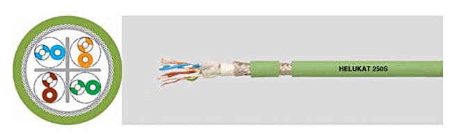The Helukat 250S is a CAT 6 cable designed for use in cable carriers and will withstand recurring loads caused by moving machine components.