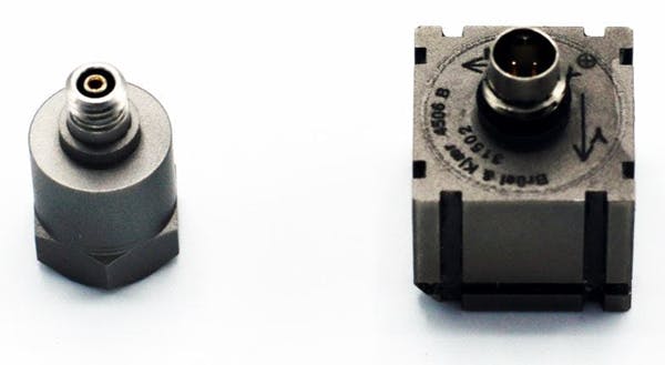 The PE accelerometer (left) is a single axis version, while the other is a triaxial accelerometer. They both measure vibration and shock.