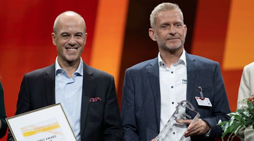 Thomas Donato and Dr. Ulf Lehmann of Bosch Rexroth AG accept the Hermes Award at the Opening Ceremonies of Hannover Messe 2023 in Hannover, Germany Sunday night.