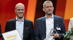 Thomas Donato and Dr. Ulf Lehmann of Bosch Rexroth AG accept the Hermes Award at the Opening Ceremonies of Hannover Messe 2023 in Hannover, Germany Sunday night.