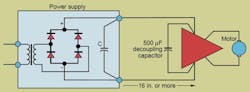 If the servoamps lead are longer than 16 in., a decoupling capacitor is still often needed at the servoamp even if there is a large capacitor in the power supply. If the servoamps lead are longer than 16 in., a decoupling capacitor is still often needed at the servoamp even if there is a large capacitor in the power supply.