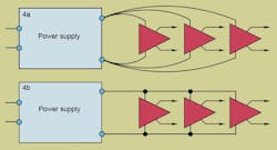To eliminate crosstalk between amps, use individual pairs of wire from the power amp to each amp (upper schematic) rather than using a dc bus common to all amps (lower schematic).