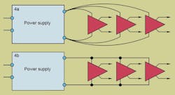 To eliminate crosstalk between amps, use individual pairs of wire from the power amp to each amp (upper schematic) rather than using a dc bus common to all amps (lower schematic). To eliminate crosstalk between amps, use individual pairs of wire from the power amp to each amp (upper schematic) rather than using a dc bus common to all amps (lower schematic).