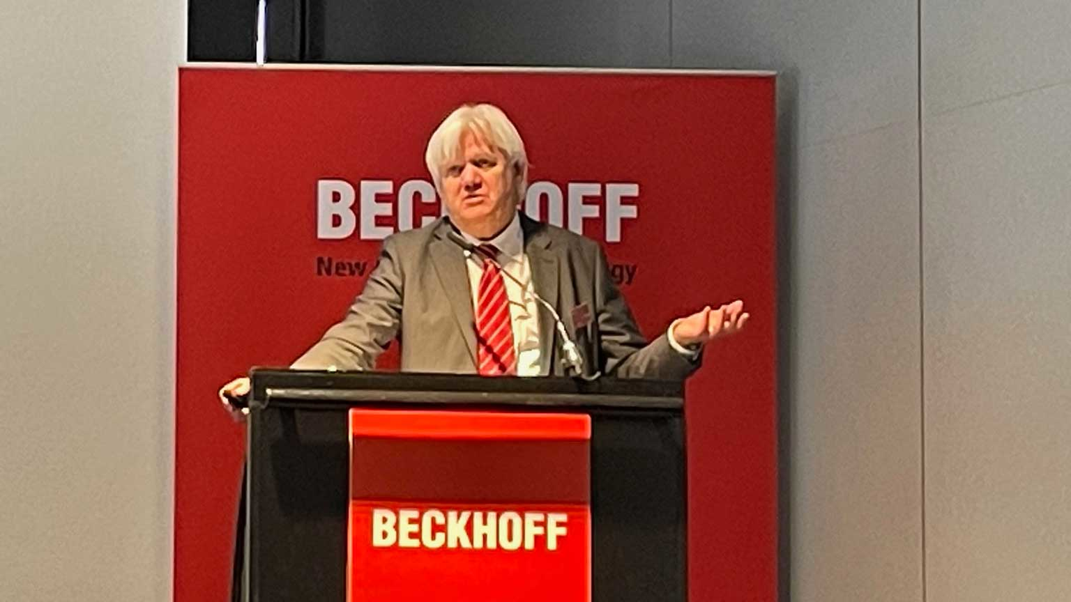 Beckhoff Managing Director Hans Beckhoff addresses the media at Tuesday&rsquo;s annual press conference.