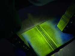 Wet Fluorescent Magnetic Particle inspection, a form of Non-Destructive Testing, helps to locate cracks as in this weld plate example. Wet Fluorescent Magnetic Particle inspection, a form of Non-Destructive Testing, helps to locate cracks as in this weld plate example.