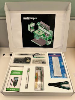 Inside look at the same customized kit for university students. The kit includes a soldering iron, digital multimeter, solder wire, wire stripper, breadboard and jumper wire kit. Inside look at the same customized kit for university students. The kit includes a soldering iron, digital multimeter, solder wire, wire stripper, breadboard and jumper wire kit.